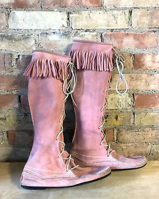 VTG Minnetonka Moccasins Women's Pink Suede Leather Knee High 17  Boots Size 10 • $50