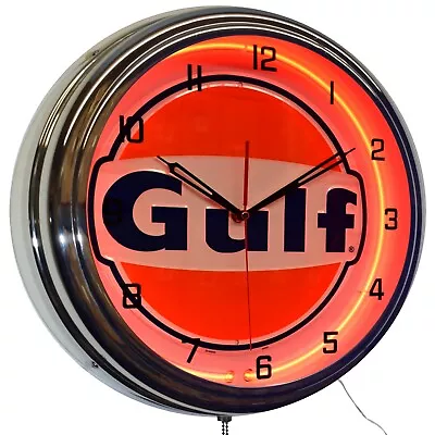 16  Gulf Gas Oil Vintage Logo Sign Neon Clock Man Cave Garage Decor (Orange) • $122.95