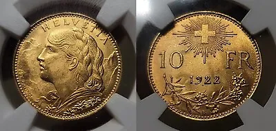 Switzerland 1922B Gold 10 Francs KM# 36 NGC MS 64 • $389.99