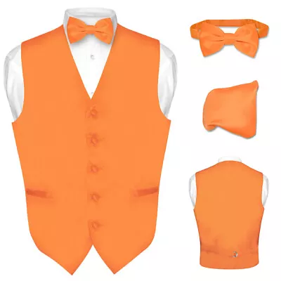 Men's Dress Vest BOWTie Hanky Solid ORANGE Color Bow Tie Set For Suit Or Tuxedo • $24.95