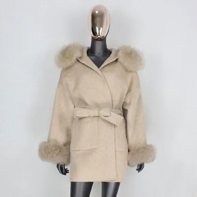 Real Fur Coat Winter Jacket Women Collar Cuffs Cashmere Wool Blends • $405.49