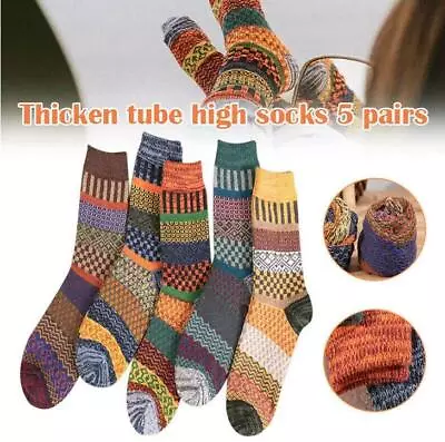 5Pairs Winter Thick Warm Nordic Wool Blend Socks Vintage Thermal Crew Socks • $18.99