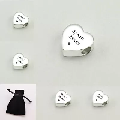 Personalised Heart Bead European Bead Engraved Gift Any Engraving Mum Nanny • £9.99