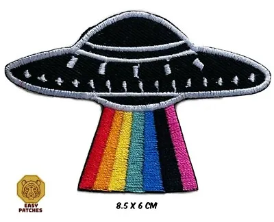 Flying Saucer Rainbow Patch Iron Sew On Alien NASA Space UFO Embroidered Badge • £2.19