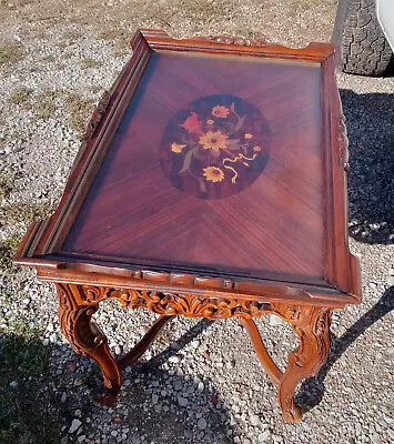 Mahogany & Walnut Carved Marquetry Inlaid Coffee Table W/ Serving Tray  (CT-342) • $599