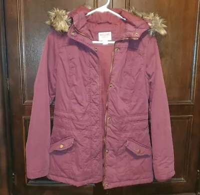 Women's Mossimo Burgundy Red Hooded Utility Parka Anorak Coat Faux Fur Trim Hood • $24.99