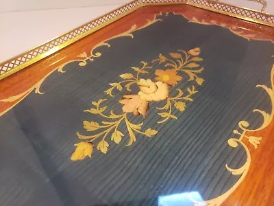 Vintage Italian Marquetry Tray Inlaid Wood With Brass Gallery & Handles 21 1/8  • $39.99