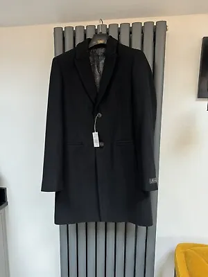 Bnwt House Of Fraser Label Lab Wool Blend Mens Black Overcoat Coat Size Small • £34.99