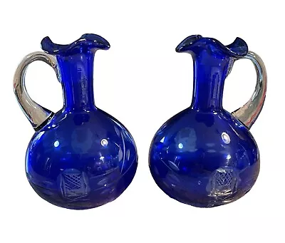 Beautiful Vtg Romanian Cobalt Blue Cut Glass Oil & Vinegar Cruet Bottles Set • $49.99