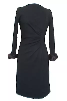 Vintage 50s/60s Sheath Dress Small Women Black Wool Knit Mink Fur Cuffs • $38.49