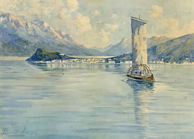 Lake Como Towards Bellagio With Comballo Boat – 1906 Watercolour Painting • £39