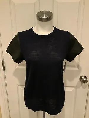 Vince Navy Blue Wool Shirt W/ Black 100% Lamb Leather Short Sleeves Size Small • $50