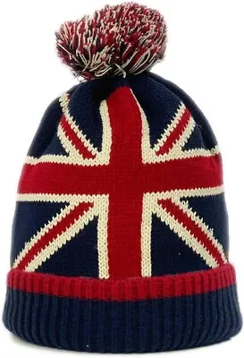 Union Jack Hats Pom Pom Bobble Hat Winter Knitted UK Flag Bobble Beanie Unisex • £8.99