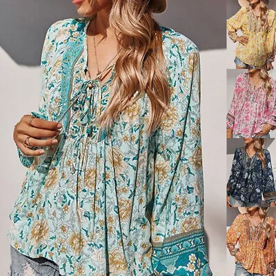 Womens Boho Floral V-Neck Blouse Long Sleeve Loose T Shirts Tunic Tops Size 20 • £11.99