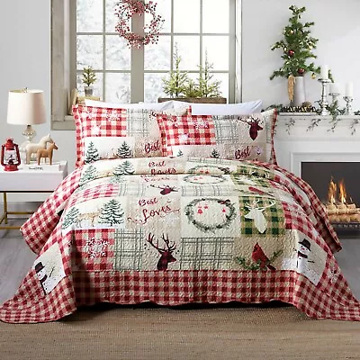 3 Piece Christmas Quilt Rustic Western Lodge Cabin Bedspread  Quilt Set Snow Man • $44.99