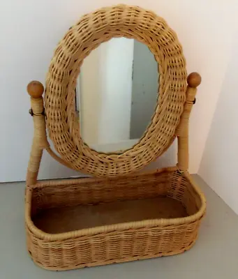 Vintage Natural Wicker & Wood - Tilt Oval Mirror Table Top Vanity W/Storage • $36.99