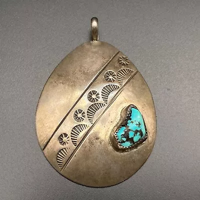 Vintage Navajo Native Turquoise Hand Stamped Silver Pendant • $165