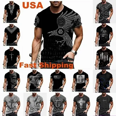 T Shirt Men Fashion Graphic Short Sleeve StreetWear Fitness Casual Black T-Shirt • $18.86