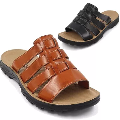 Mens Faux Leather Strappy Gladiator Summer Slip On Open Toe Sliders Mules Sandal • £17.39