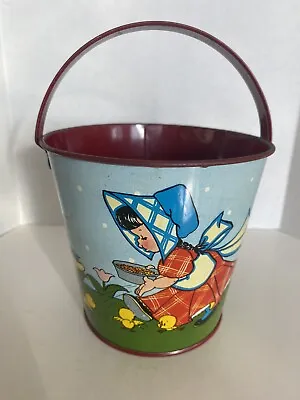 Vintage Ohio Art Elaine Ends Hileman Tin Litho Sand Pail Girl In Bonnet Chickens • $64.95