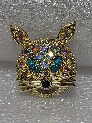 $14 • Buy Vintage 1960s AB Iridescent & Turquoise Rhinestone Cat Face Goldtone Brooch Pin