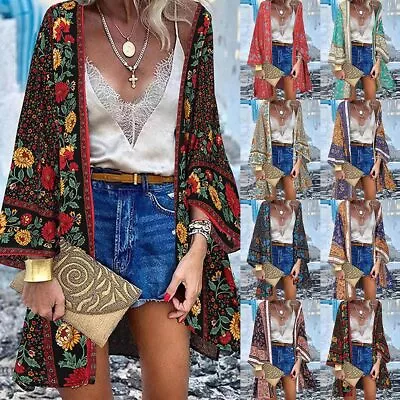 Womens Boho Floral Cardigan Kimono Summer Holiday Beach Bikini Cover Up Tops • $25.39