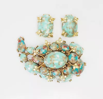 HAR Hargo Vintage Ornate Blue Dinosaur Egg Large Brooch And Clip On Earrings Set • $325