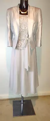 Jacques Vert Silver Grey Chiffon Cornelli Lace Dress & Jacket Suit Size 16 • £64.99