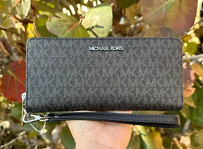 Michael Kors Jet Set Travel Large Continental Wallet Wristlet MK Signature Black • $68