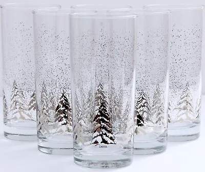 $65 • Buy Set Of 6 Dansk PLATINUM PINE Highball Glasses Tumblers Christmas Tree Snow Xmas