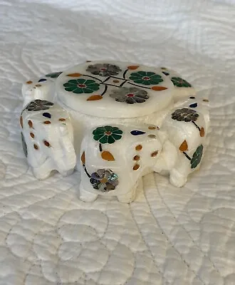 Six Elephants Pure White India Marble Round Trinket Box Jewelry Box W/ Abalone • $29.99