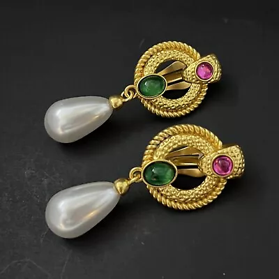 Mogul Cabochon Clip On Earrings Matte Gold Tone Faux Pearl Dangle Drop Pink • $27.99