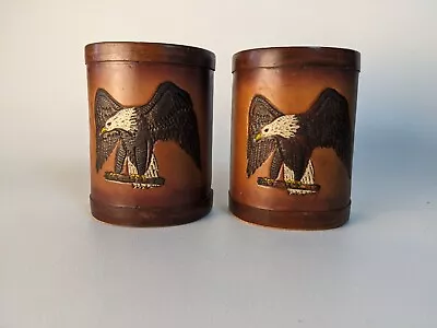 Vintage Hand Worked Leather Tooled Bookends American Bald Eagle Wood USA Murica • $44