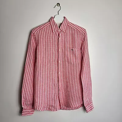 Lacoste Mens Pink Striped Longsleeved Button Down Shirt Size 38 100% Linen A303 • £19.99