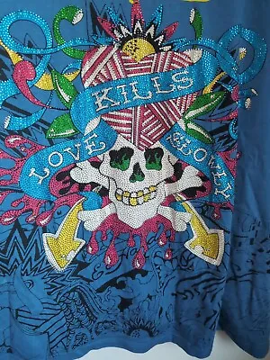 Rare Vintage Bling Full Rhinestone Ed Hardy Skull With Heart T Shirt XL • $18.99