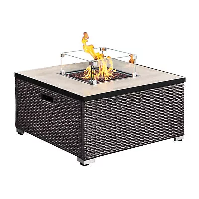 Outdoor Garden Rattan Gas Fire Pit Table With Screen Rocks & Cover • £375.35