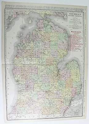 MICHIGAN State Map Rand McNally 1901 Railroad RR Business City Large Folio • $81.60