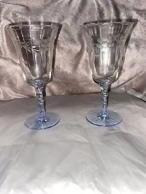 Vintage Wine Glasses With Etched Flowers And Blue Stem Set Of 2 • $14.95