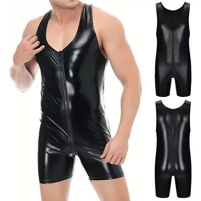 Mens PU Leather Zipper Jumpsuit Wrestling Singlet Nightclub Dance Vests Leotard • £18.66