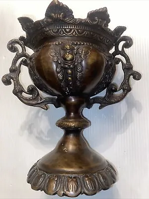 9” ANTIQUE. BRONZE. Ornate Cast Pedestal  Jardiniere  With Cherubs • $200