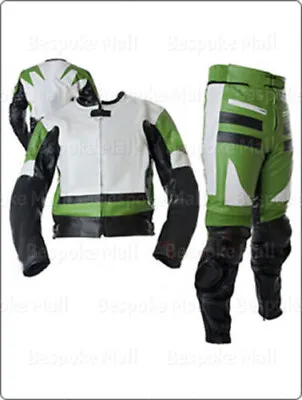 New Men's Motorcycle Racing Green White Leather Two Piece Suit Safety Pads-554 • $347.99