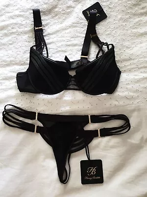 $170 • Buy BNWT Honey Birdette Liquorice Bra 12B Thong XS Set Black Velvet