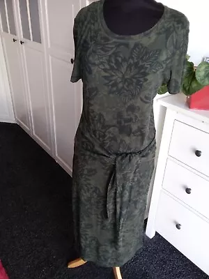 NEXT Long Midi Maxi Khaki Green Floral Stretch Ribbed T Shirt Dress Tie Size 14 • £6