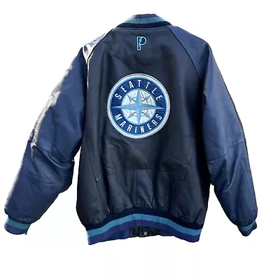 Seattle Mariners Vintage Pro Player MLB Leather Jacket Size L Black Blue Patches • $129.99