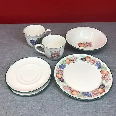 Epoch Ceramic Set Market Day Fruit Print Green Rim Bread Plate Saucers Bowl Cups • $24.99
