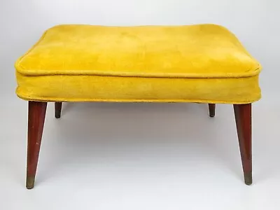 60s Gold Plush Atomic Foot Stool 14  T Retro MCM Tapered Legs Fabric Ottoman VTG • $109.99