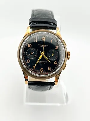 CHRONOGRAPH SUISSE 18K Gold Glossy Black Dial 1940s-50s Vintage Watch • $999.99