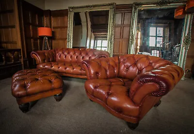 Tetrad Oskar Chesterfield Tan Leather 3 Piece Suite Midi Sofa Club Chair Stool • £2950