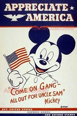 1943 WW2 USA AMERICA DISNEY MICKEY MOUSE FLAG UNCLE SAM WAR BONDS STAMP Postcard • $23.92