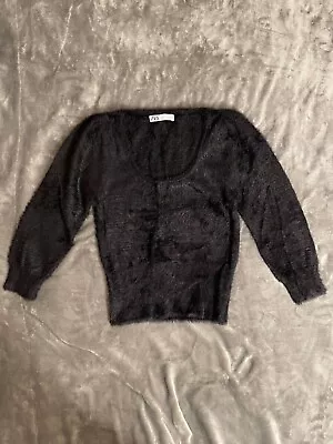 Zara Women Fluffy Fur Knit 3/4 Sleeve Black Size Small • $14.99